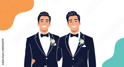 A happy gay male couple dressed in matching tuxedos with boutonnieres, smiling on their wedding day, a celebration of love.