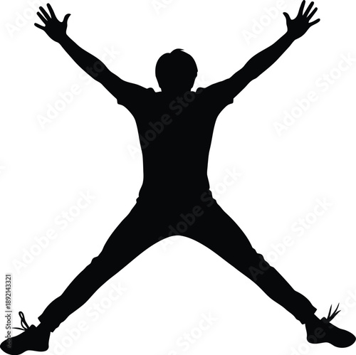 Silhouette of an energetic young person captured midair while performing a dynamic star jump with arms raised high in celebration against a pure white background