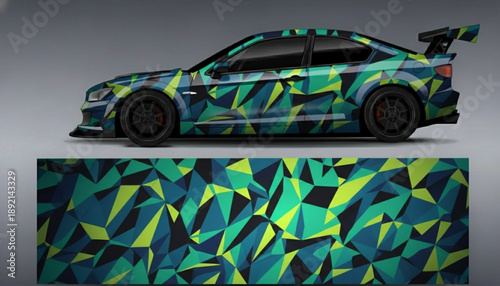 A sports car with a vibrant geometric camouflage wrap design in green, blue, and yellow.
