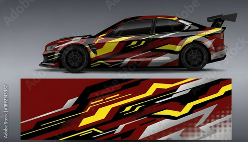 Side view of a red, yellow, and black racing car with a custom geometric decal design, showcasing the full wrap pattern.