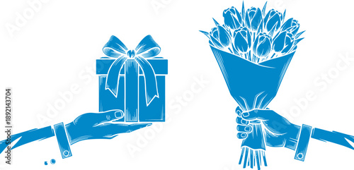 Blue tinted abstract depiction of two objects resembling a hand and a bouquet