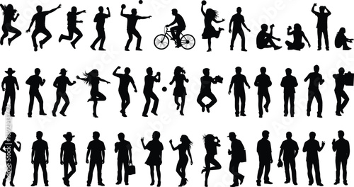 Black silhouette people collection with dancing, walking, cycling, sitting and standing poses isolated on white background, human lifestyle icons for design.