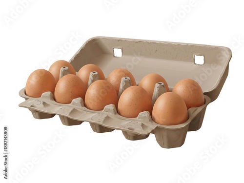 illustration of a dozen brown chicken eggs in a carton box