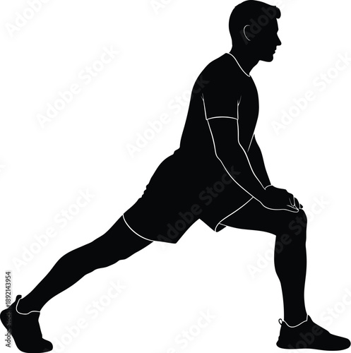 Silhouette illustration depicting a male athlete performing a deep forward lunge stretch targeting hamstring and hip flexor muscles during a warm up or cool down routine