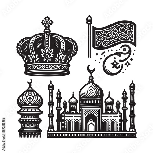 hand drawn crown mosque and flag doodle icons