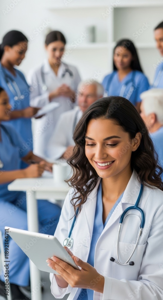 Fototapeta premium Doctor Using Tablet With Team In Background