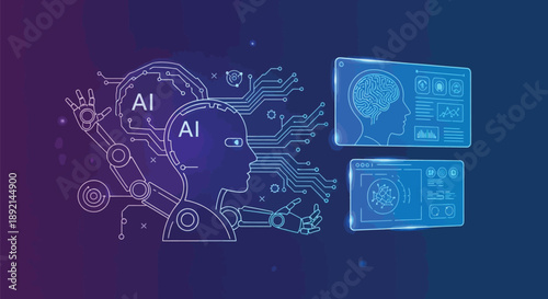 Futuristic artificial intelligence concept featuring a robotic silhouette with integrated circuitry and holographic displays showcasing brain data processing