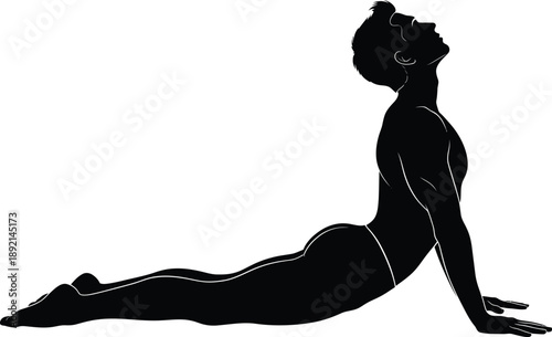 Silhouette illustration depicting a fit muscular man gracefully executing the upward facing dog yoga pose emphasizing spinal extension and chest opening against a clean white background