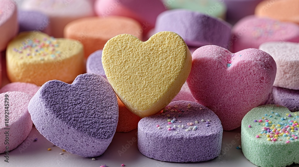 Obraz premium Top view of colorful heart-shaped candies in soft pastel light with shallow depth of field, joyful Valentine's product still life photography