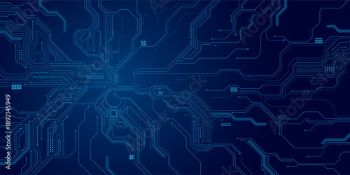 Abstract AI circuit board background. Technology connected blue lines with electronics elements on tech bg. Computer motherboard with a chip, processor, and semiconductor. Digital vector illustration