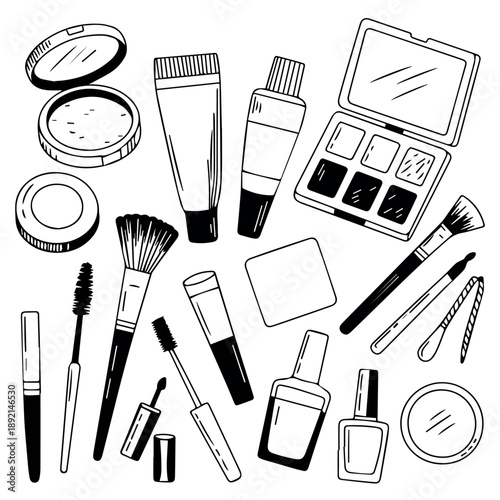 A comprehensive assortment of various makeup products and beauty tools, including compacts, brushes, tubes, eyeshadow palette, nail polish, and tweezers, all depicted in a detailed hand-drawn style.