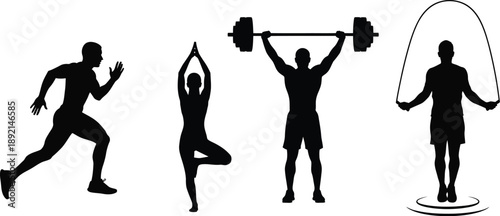 Silhouette collection depicting various fitness activities including running weightlifting yoga and intense jump rope exercise representing diverse healthy lifestyle choices and physical training