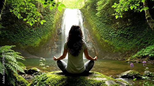Woman meditating by a waterfall finding inner peace