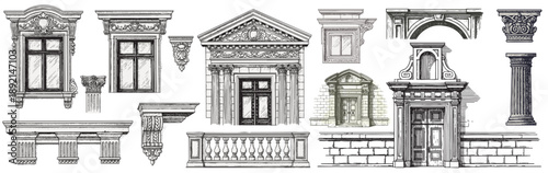 Vintage architectural elements in detailed engraving style set