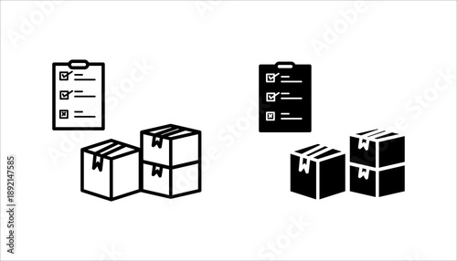Line icon set. showing a checklist and stacked boxes representing inventory management, warehouse control, order packing, and logistics organization.