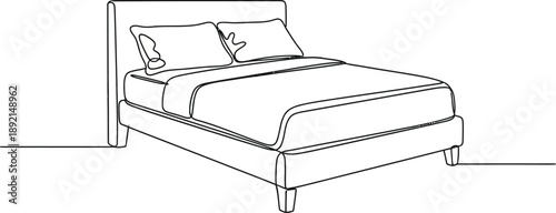 A minimalist line drawing of a neatly made double bed with two pillows and a headboard presented in black and white.