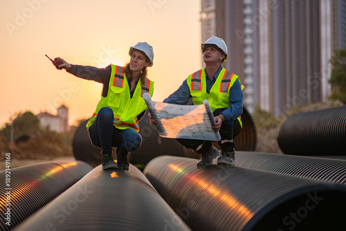 Engineer working Industrial pipeline system used for water supply or electrical cable protection large cylindrical pipes arranged in infrastructure underground utilities and public infrastructure.