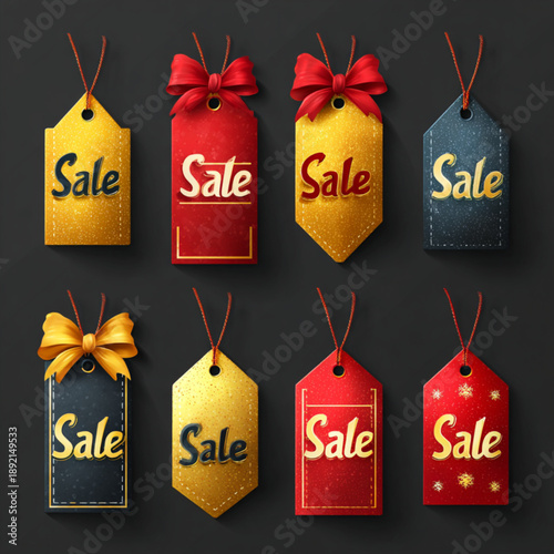 Colorful sale tags with ribbons.