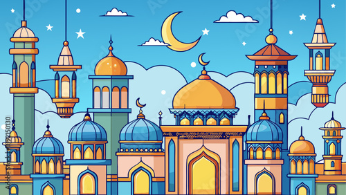 Illustrated mosque skyline with crescent moon