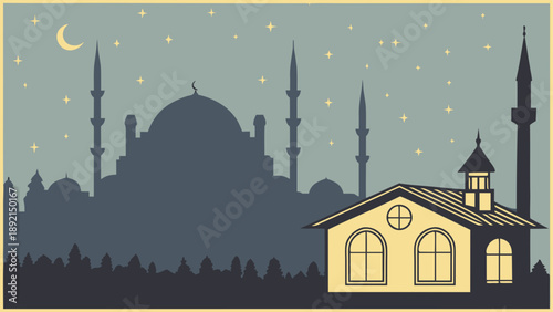 Nighttime mosque silhouette with crescent moon