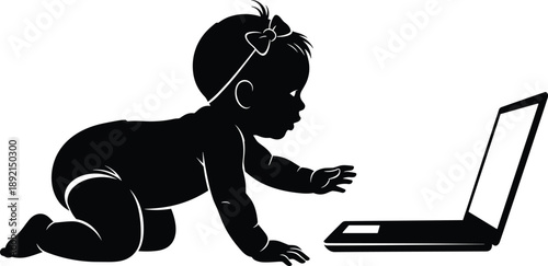 Silhouette of crawling baby reaching toward open laptop computer, symbolizing early tech exposure and digital curiosity in modern environment