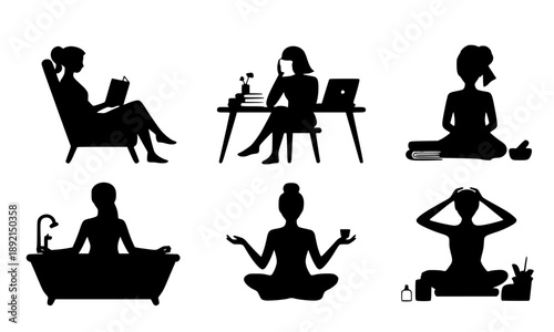 Women relaxation self-care activities silhouette collection featuring meditation, yoga, bathing, reading and mindfulness wellness lifestyle routine illustrations