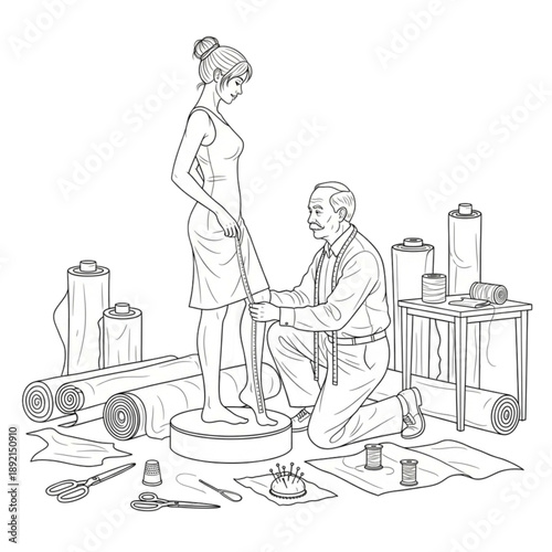 Man taking womans body measurements Isolated On Transparent Background.