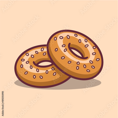 A charming illustration features two delicious golden bagels, generously sprinkled with sesame seeds, presented against a soft, muted background, perfect for breakfast or bakery themes.