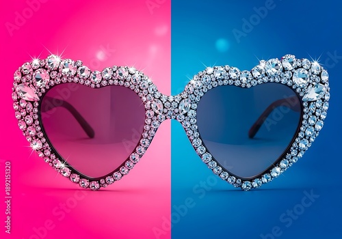 Heart shaped sunglasses with rhinestone frames on pink and blue background