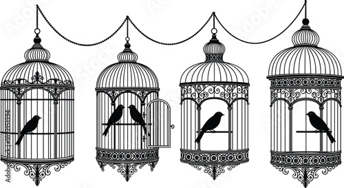 Ornate vintage birdcage silhouettes with perched birds hanging on chains elegant decorative illustration set for classic interior decor wedding invitation tattoo and vector design isolated on white 