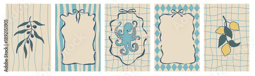 Whimsical Italian seafood frame illustration inspired by Amalfi Coast. Summer beach picnic style lace border for menu design, food poster, kitchen print and coastal art.