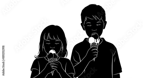Two children enjoying ice cream cones in a simple black and white illustration.