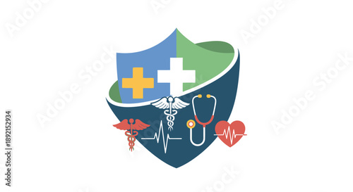 Medical shield logo with healthcare symbols and crosses on blue green background