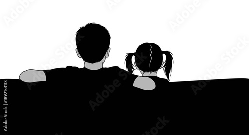 A father and daughter watching something together in black and white illustration.