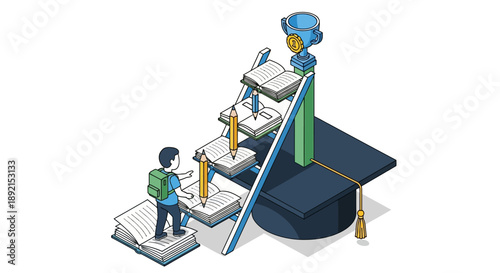 Student climbing education ladder to graduation cap with books and diploma