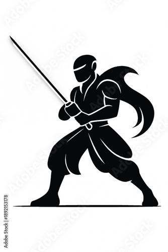 The agile nimble killer breaks through the ranks of the bandits, inflicting fatal blows, dodging arrows. Against the backdrop of a dense forest. 2d illustration.