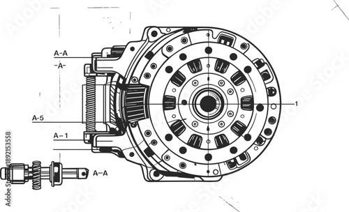 Detailed technical of a car clutch assembly with callouts and section views for mechanical engineering analysis