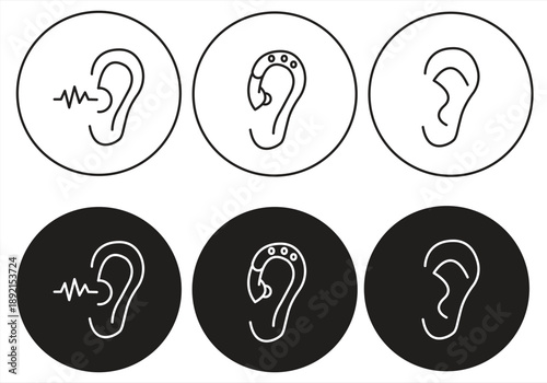 ear listener icon, in various styles, circle shaped, in flat style, isolated on white background, vector illustration.

