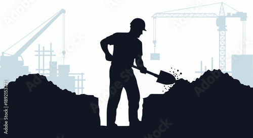 Construction worker silhouette digging soil with shovel at site.