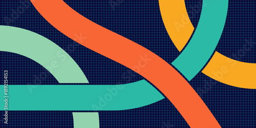 Vibrant Abstract Background with Intersecting Winding Paths and Modern Geometric Shapes  on a subtle grid background