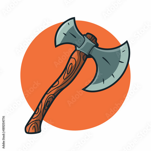 A strong, detailed cartoon illustration of a formidable double-bladed axe with a sturdy wooden handle, set against a vibrant orange circular background.