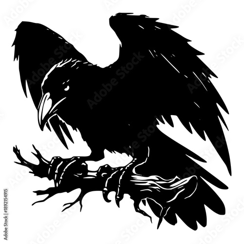 Black raven perched on branch with wings spread wide