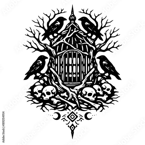 Gothic birdcage with crows and skulls in dark tree