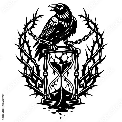 Majestic raven perched on hourglass with thorny chain