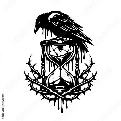 Ominous crow perched on melting hourglass with thorns