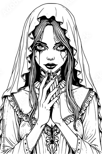 Hauntingly beautiful woman in eerie gothic attire crying