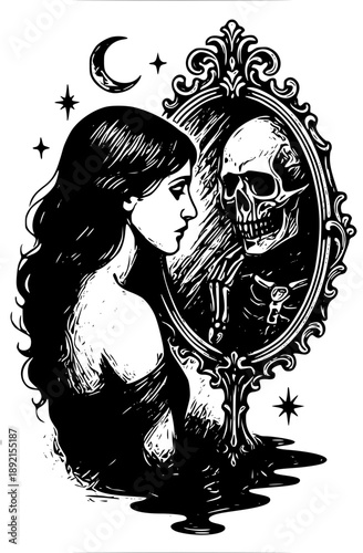 Woman seeing skull reflection in ornate mirror with moon and stars
