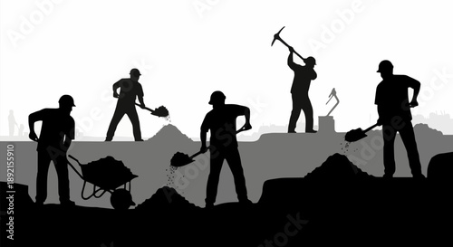 Construction workers digging and moving dirt with shovels and wheelbarrow.