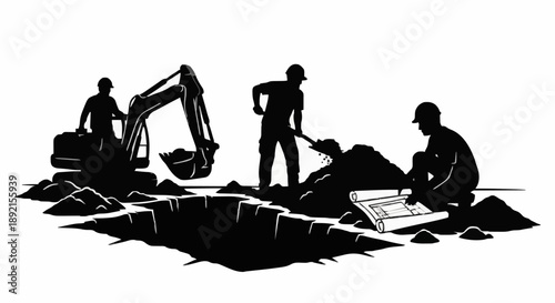 Construction workers operating heavy machinery and digging a foundation.