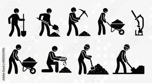 Construction workers performing various digging and moving tasks.